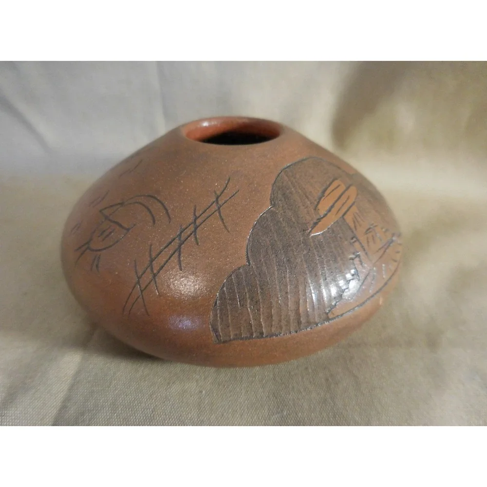 Southwest Red Clay Pottery Seed Pot Kokopelli Sgraffito Etched Art Blackhorse